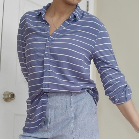 Beach Lunch Lounge Small‎ Women's Long Sleeve Blue And White Pinstripe Button Up - Picture 2 of 8